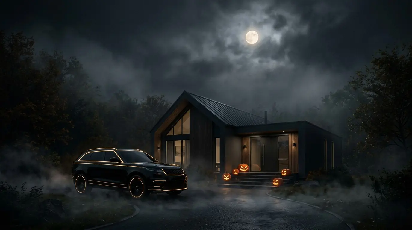 Black luxury SUV parked in a foggy driveway on Halloween night with glowing jack-o'-lanterns
